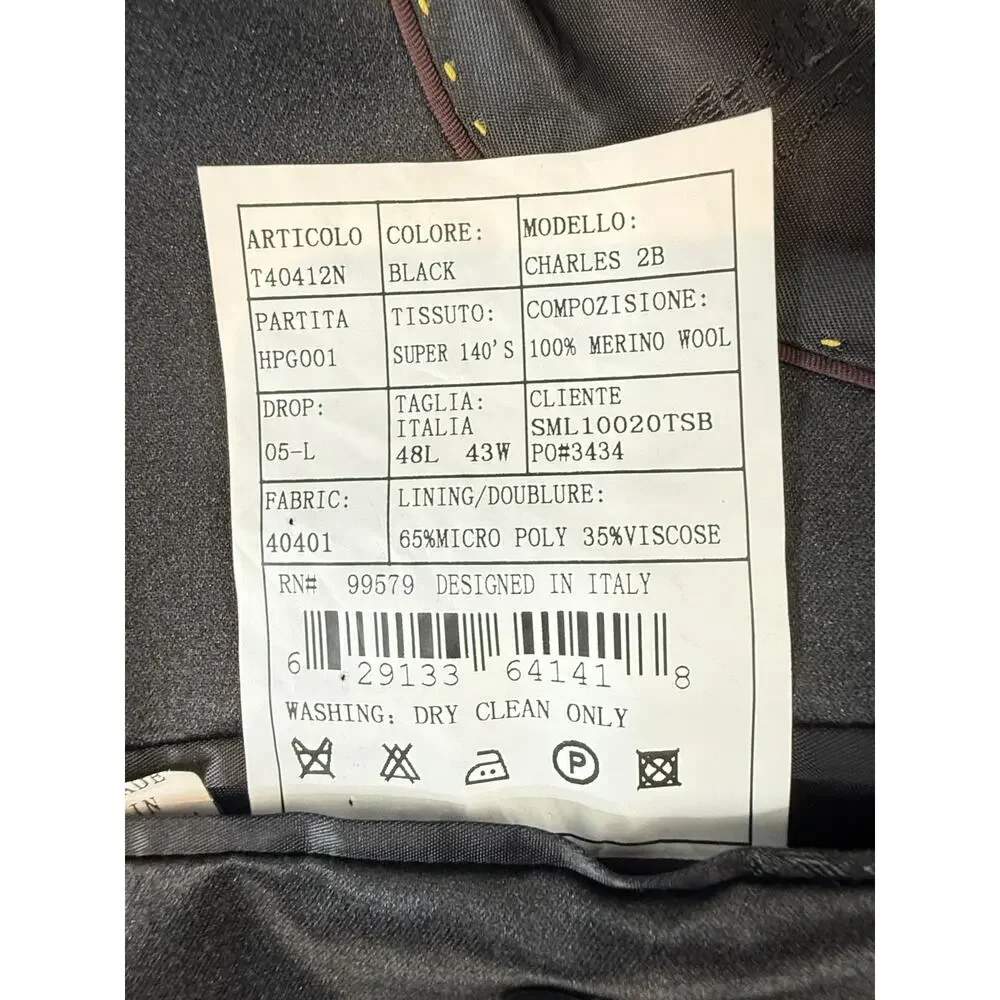 Giro d'Italia Men's Black Super 140s Wool Charles Tuxedo Jacket IT 48L US 38L